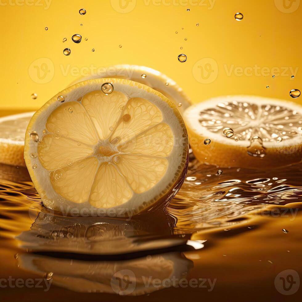 Slices of Lemon Floats in Water Against Yellow Background, Technology. photo