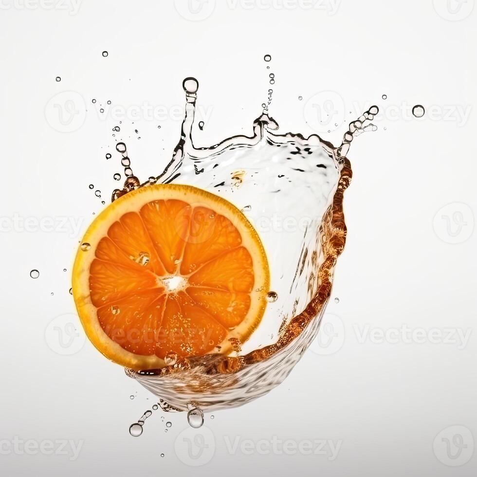 jugoso Fresco naranja rebanada flotante en el agua, generativo ai tecnología. foto