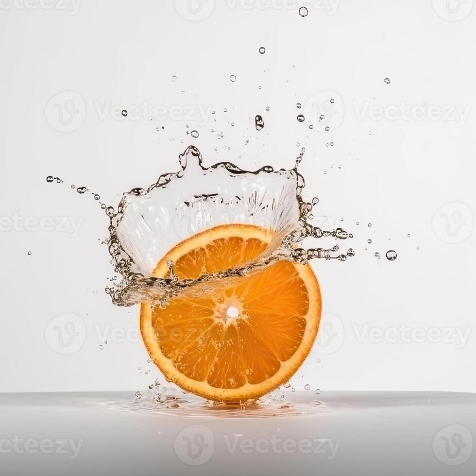 jugoso Fresco naranja rebanada flotante en el agua, generativo ai tecnología. foto