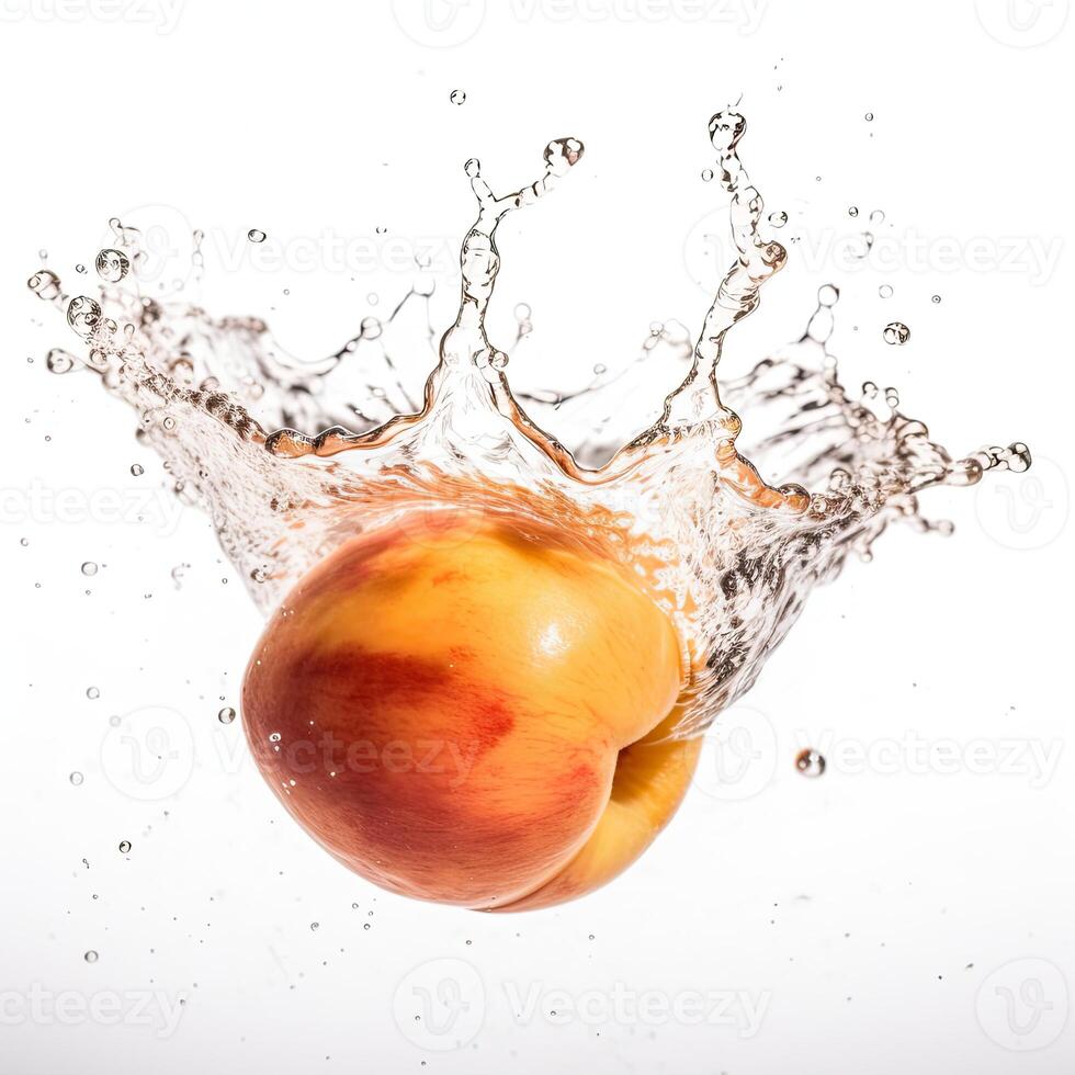 Fresh Peach Fruit Falling into Mid Water Against White Background. Food Levitation, . photo