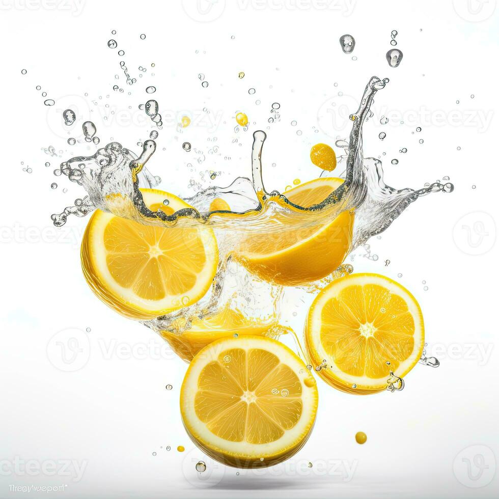 Slices of Lemon Splashing into Mid Air Water Against White Background, Food Levitation, Generative AI. photo