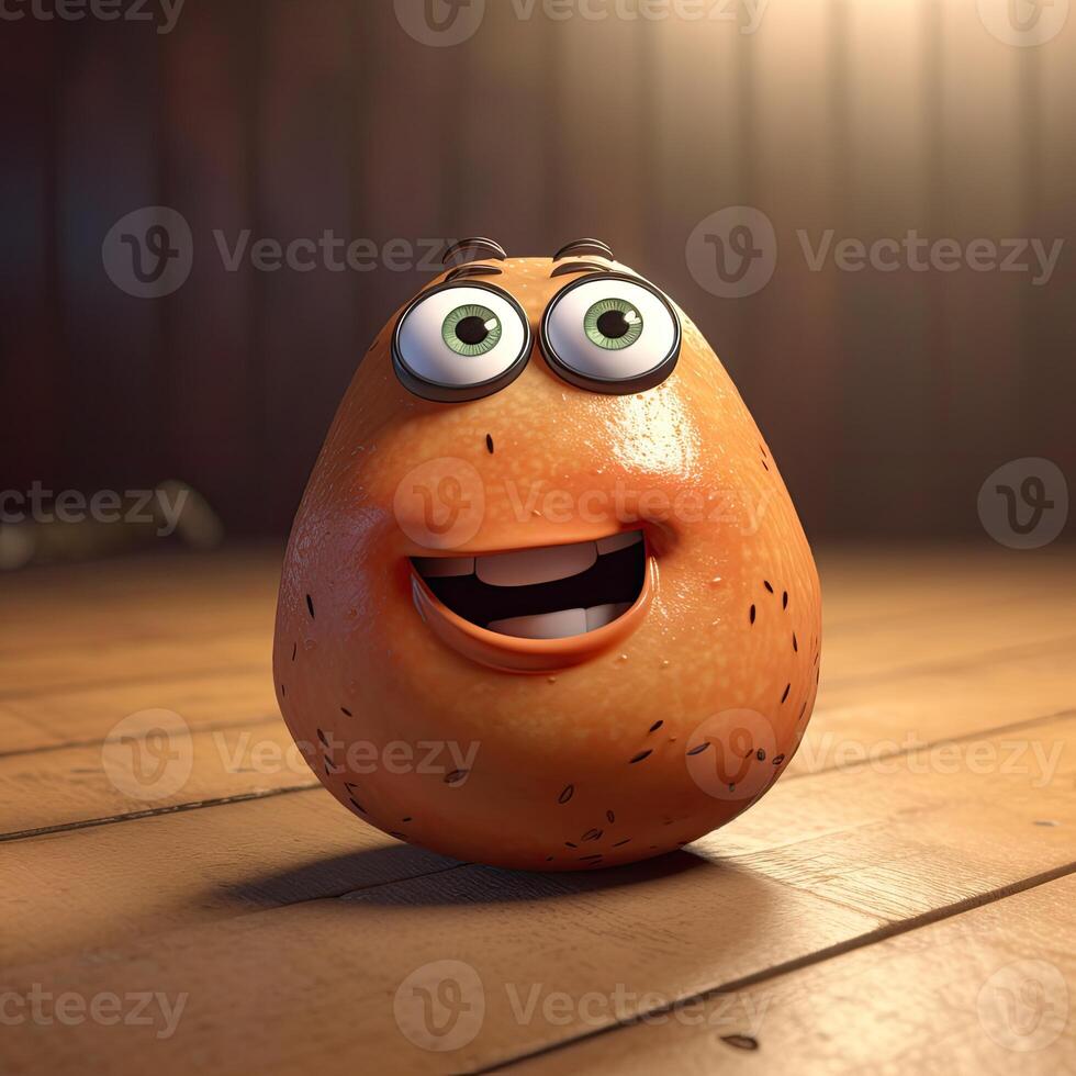 Pixar Style Giggling Potato 3D Character on Shiny Brown Wooden Background. . photo