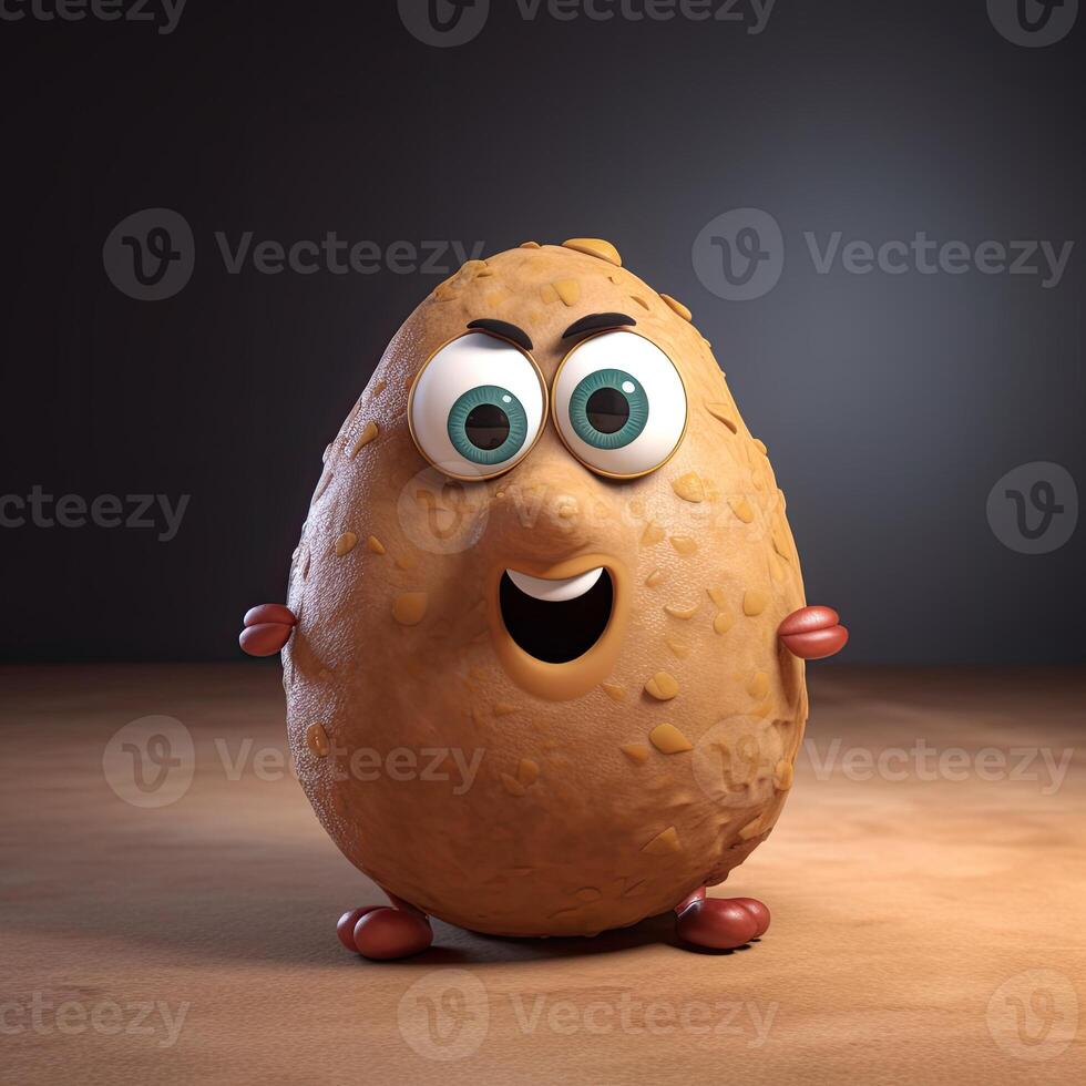 Pixar Style Giggling Potato 3D Character on Shiny Brown Background. . photo