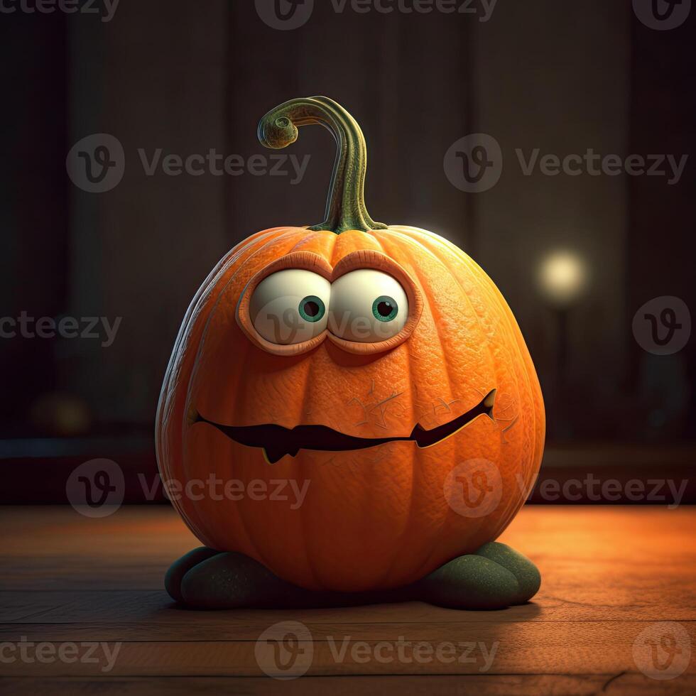 Pixar Style Staring Cartoon Pumpkin 3D Character on Shiny Background. Generative AI. photo