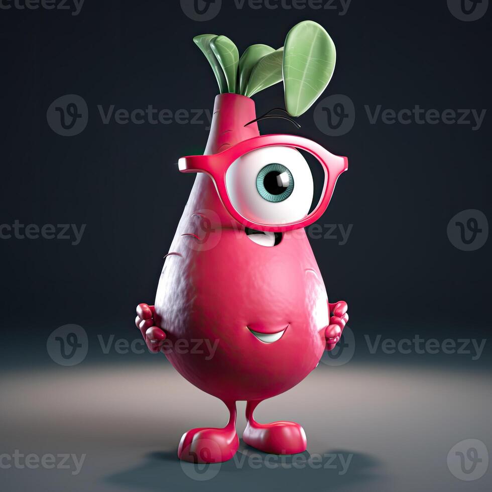 Pixar Style Cue Beetroot 3D Character Wearing Goggles in Standing Pose on Grey Background. photo