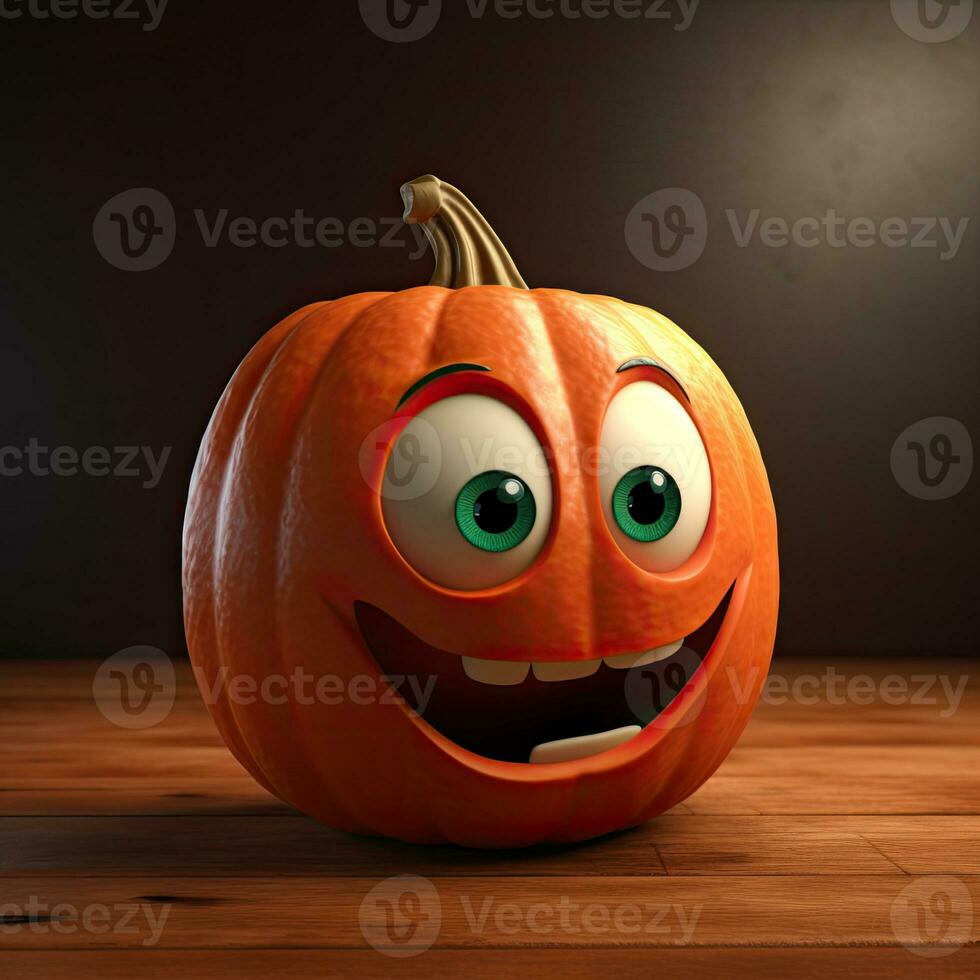Pixar Style Giggling Cartoon Pumpkin 3D Character on Shiny Brown Wooden Background. Generative AI. photo