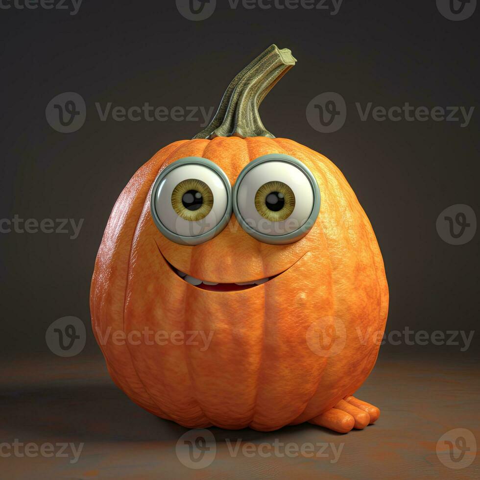 Pixar Style Smiling Cartoon Pumpkin 3D Character on Brown Background. Generative AI. photo
