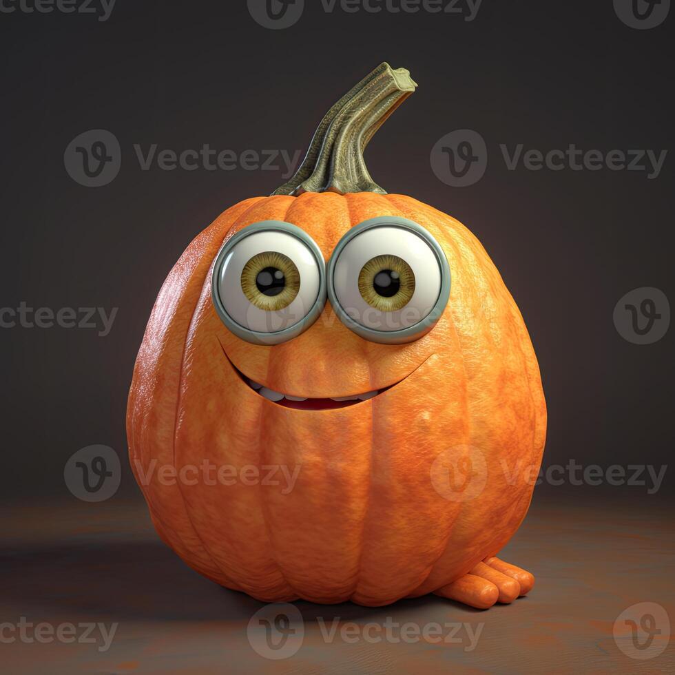 pixar estilo sonriente dibujos animados calabaza 3d personaje en marrón antecedentes. generativo ai. foto