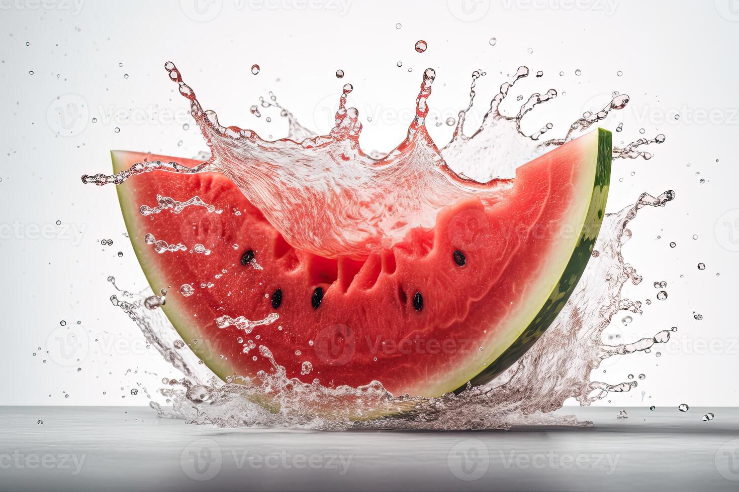 Juicy Fresh Watermelon Slice Splashing into Mid Water Against White Background, . photo