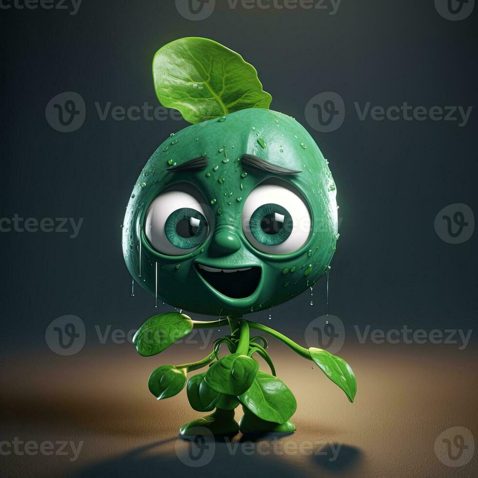 Pixar Style Sweating Spinach 3D Character on Shiny Blue and Brown Background. Generative AI. photo