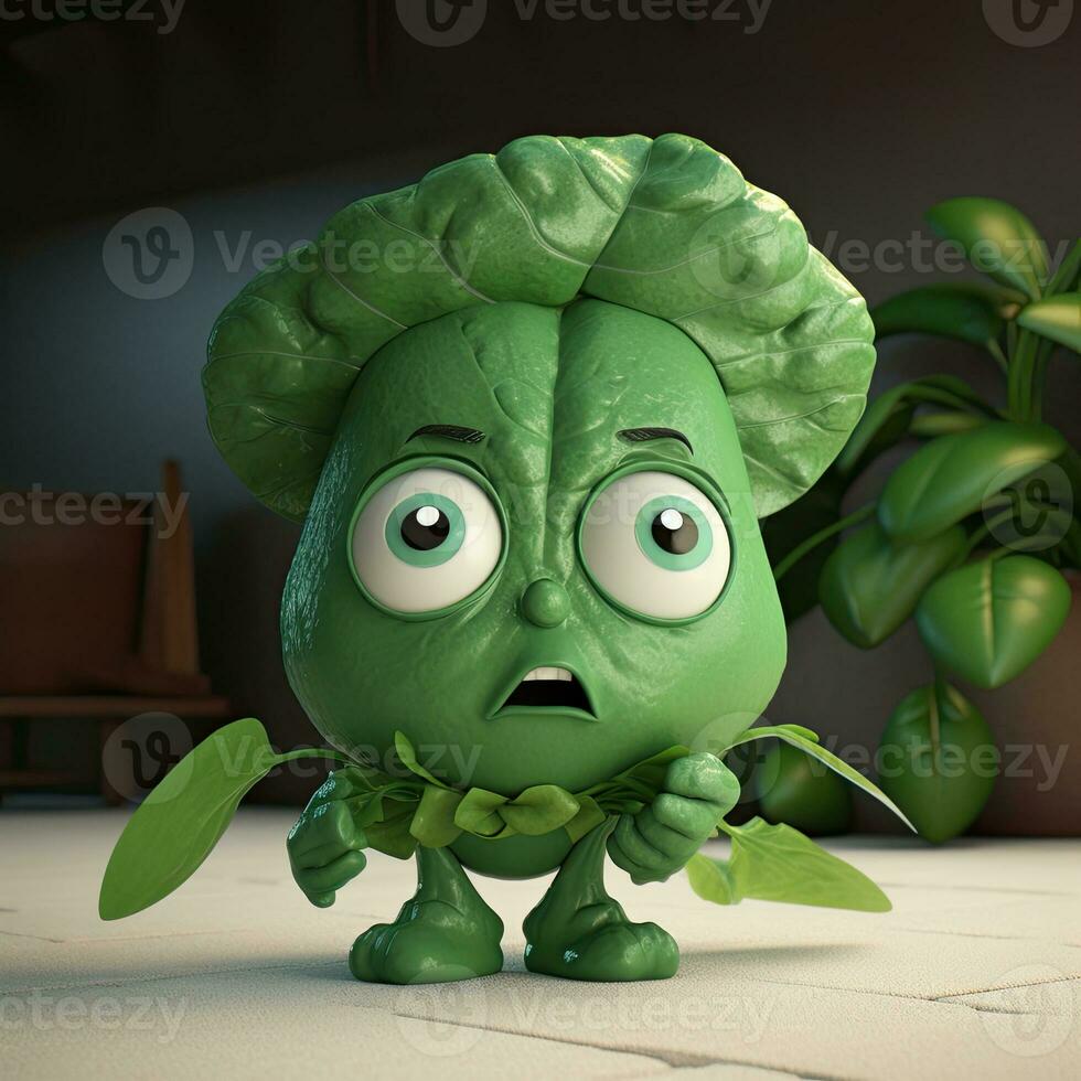 Pixar Style Angry Spinach 3D Character with Potted Plant on Shiny Room. Generative AI. photo