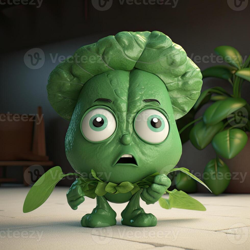 Pixar Style Angry Spinach 3D Character with Potted Plant on Shiny Room. . photo