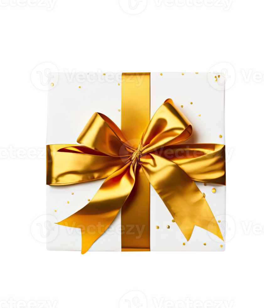 Isolated White Gift Box with Golden Ribbon on Transparent Background. . png