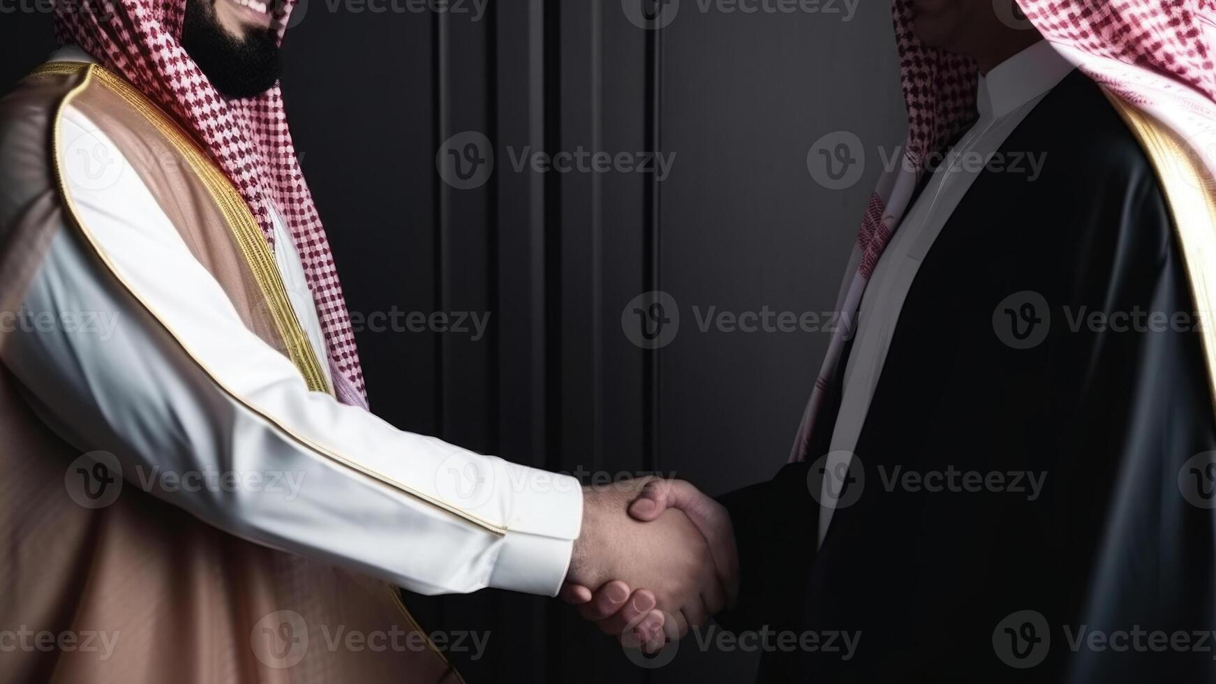Cropped Image of Business handshake between two Arabian Man on black background. . photo
