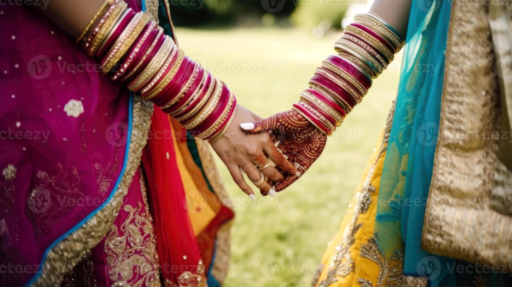 Cropped Image of Friendly or Casual Handshake Between Multicultural Women in Their Traditional Attire. . photo