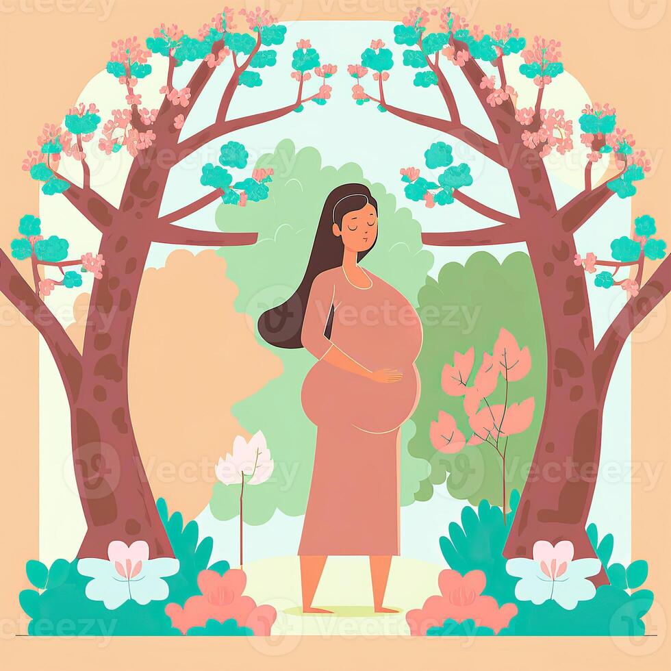ilustración de embarazada mujer frotamiento su barriga en naturaleza antecedentes. concepto de el embarazo, paternidad, madres día. creado por generativo ai tecnología. foto