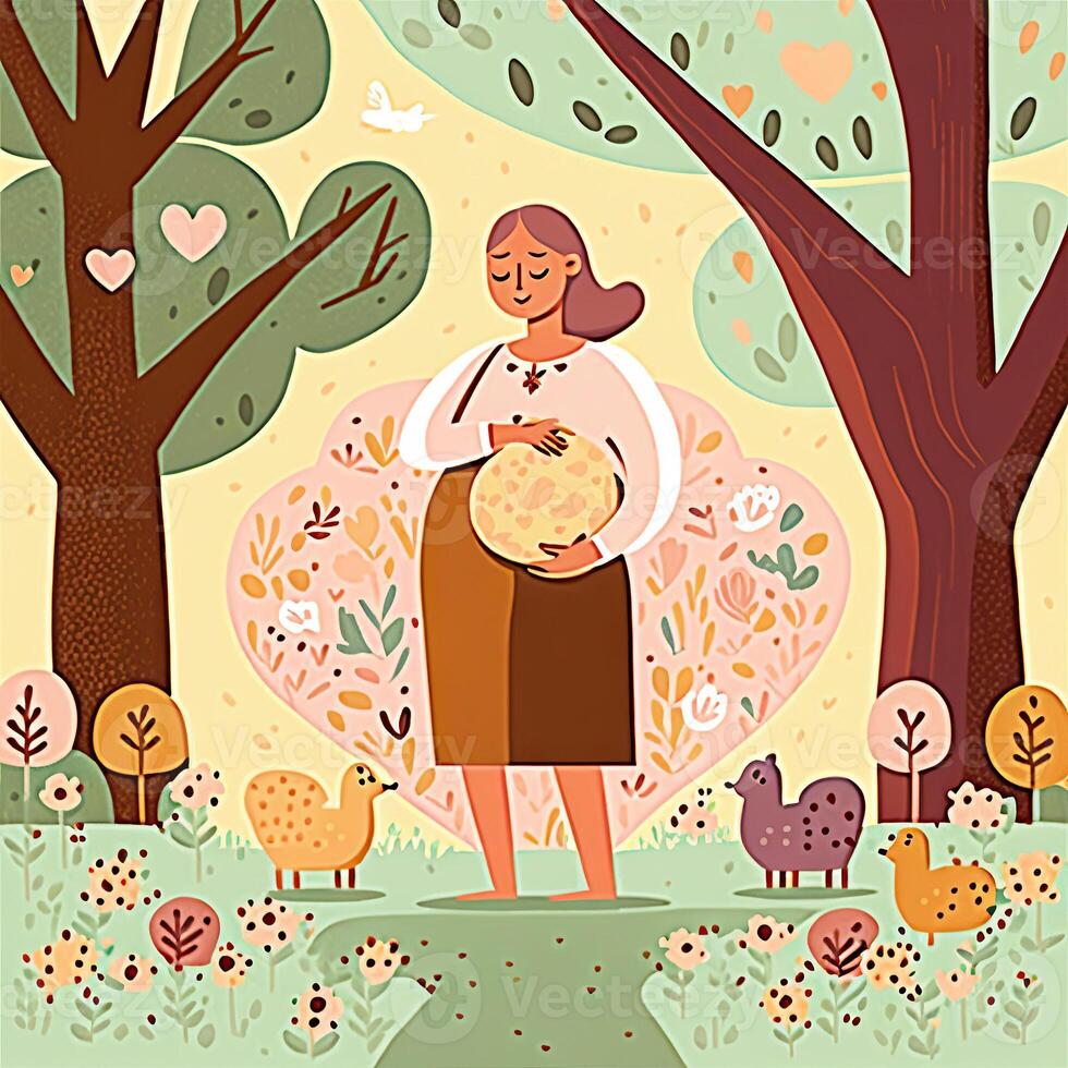 Portrait of Pregnant Woman Standing and Cute Animal on Garden Background. Concept of Pregnancy, Parenthood, Mothers Day. Created By Technology. photo