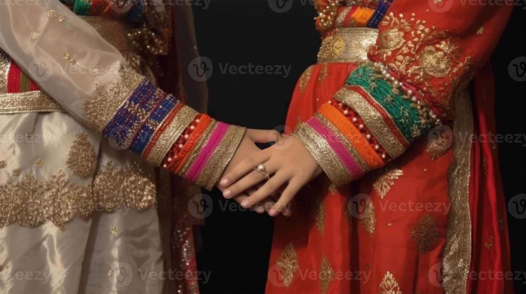 recortado imagen de simpático o casual apretón de manos Entre Arábica mujer en su tradicional atuendo. foto