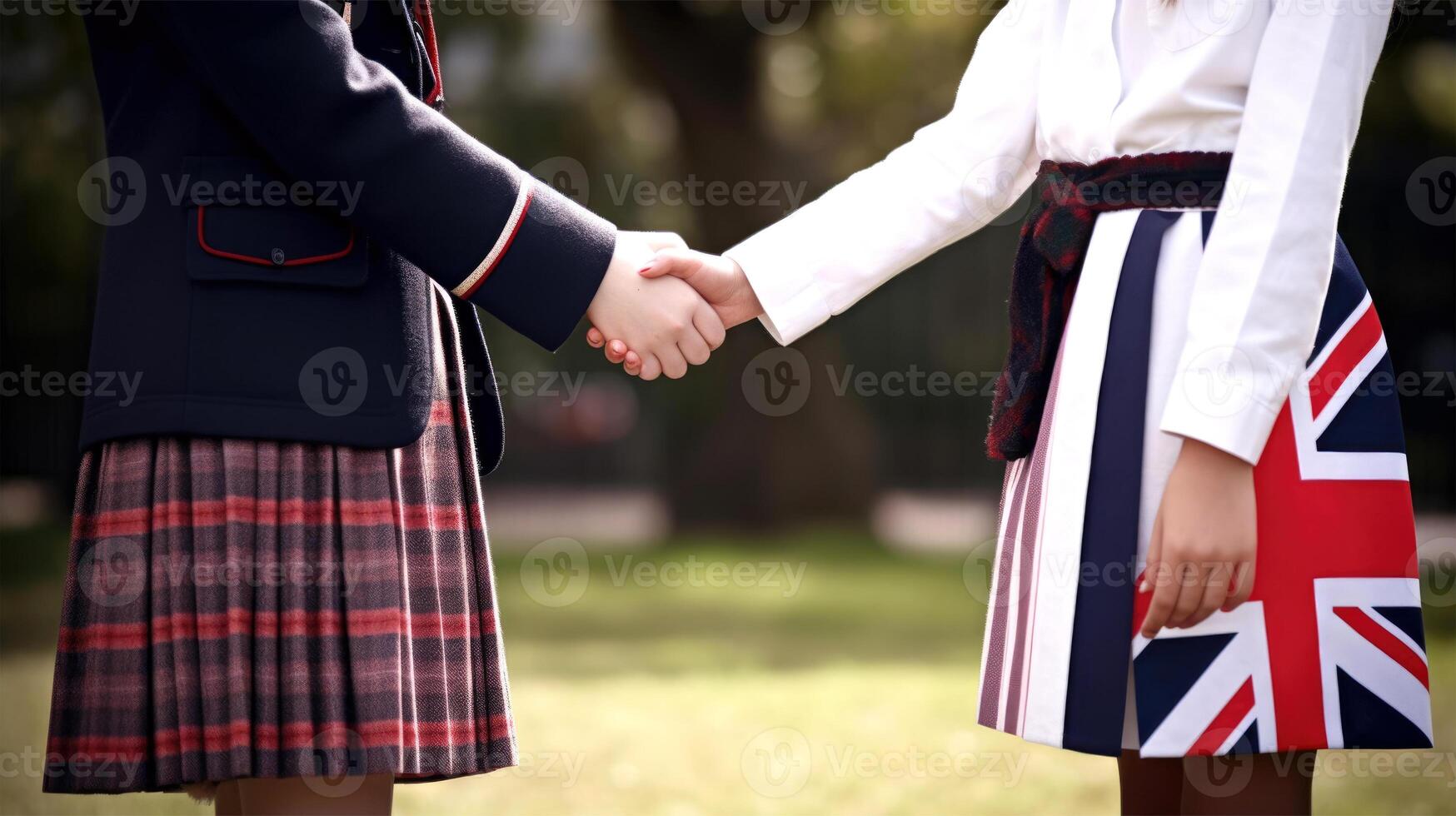 recortado imagen de simpático o casual apretón de manos Entre británico mujer en su tradicional. foto