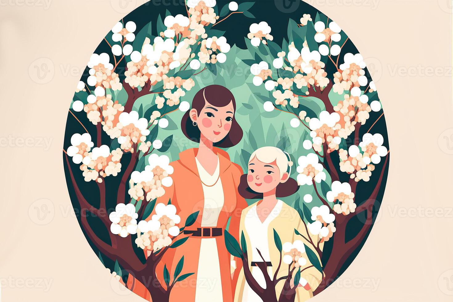 Portrait of Modern Young Woman Standing with Her Daughter, Floral Decorated on Background. Concept of Mothers Day, Relationship Between Mother and Child. Created By Technology. photo