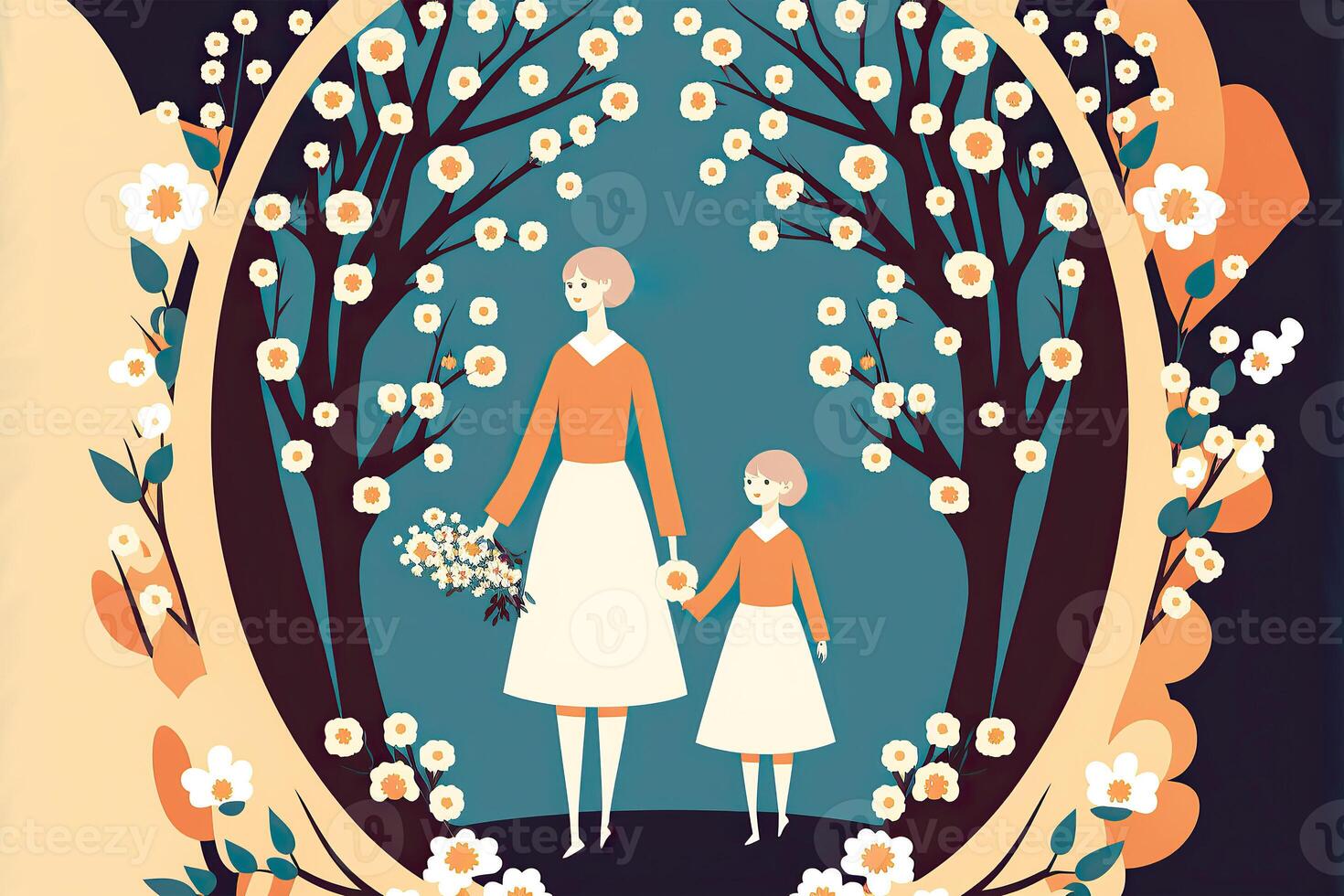 Portrait of Modern Young Woman Holding Daughter Hand and Bouquet, Floral Decorated on Background. Concept of Mothers Day, Relationship Between Mother and Child. Technology. photo