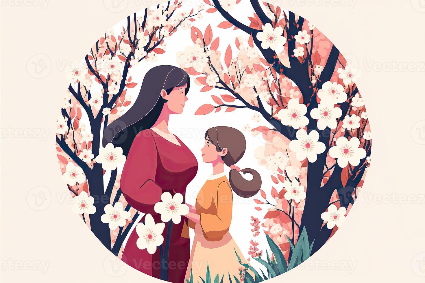 Illustration of Young Woman Standing with Her Daughter, Floral Circular Frame in Background. Concept of Mothers Day, Relationship Between Mother and Child. Technology. photo