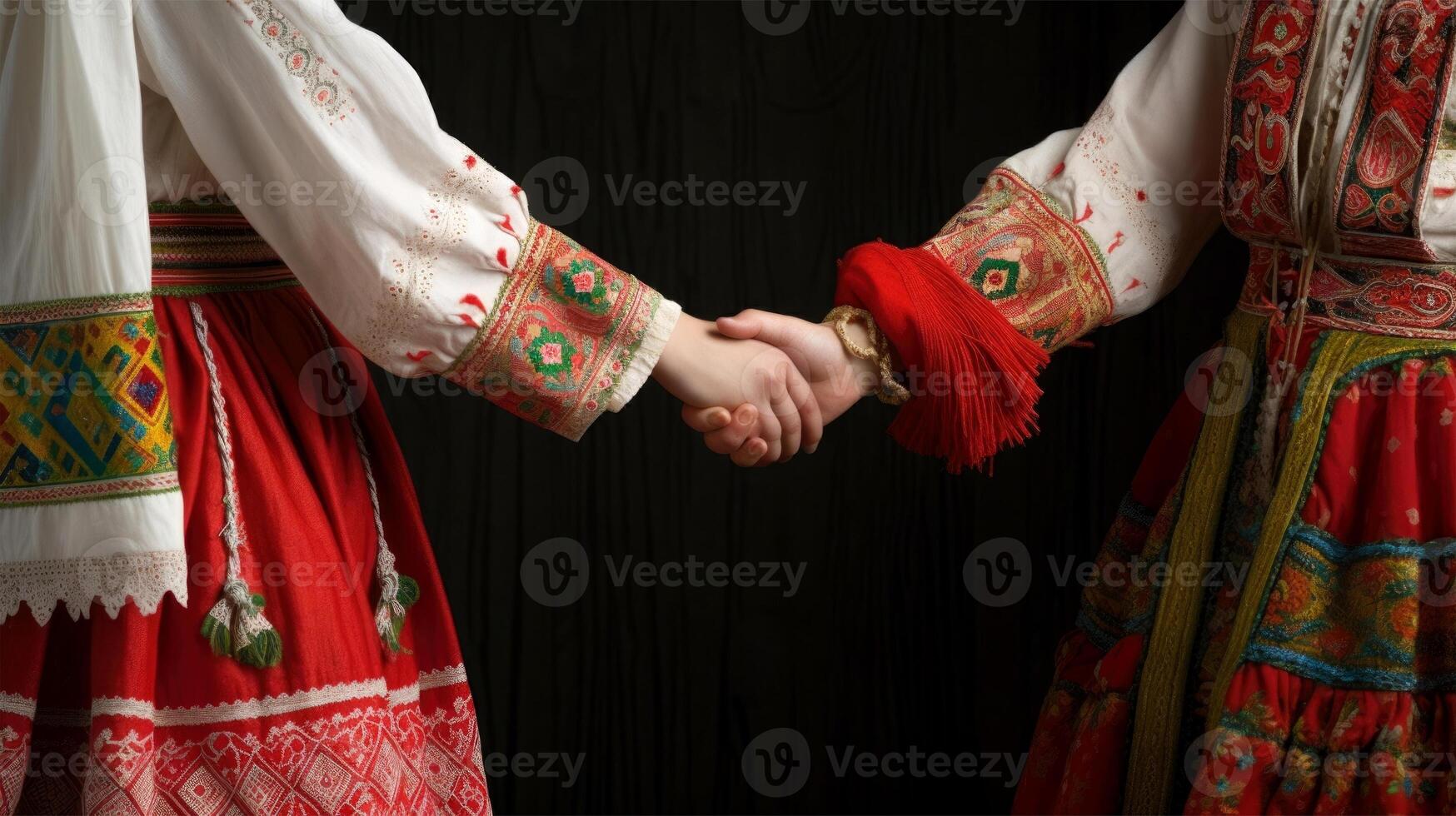 simpático o casual apretón de manos Entre multicultural asiático mujer en eslovaco folklore atuendo. generativo ai. foto