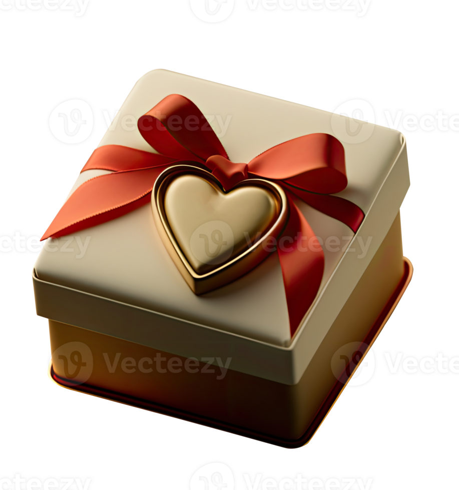 Isolated Golden and Red Gift Box with Heart Shape 3D Icon on Transparent Background. Love or Valentines Day Concept. . png