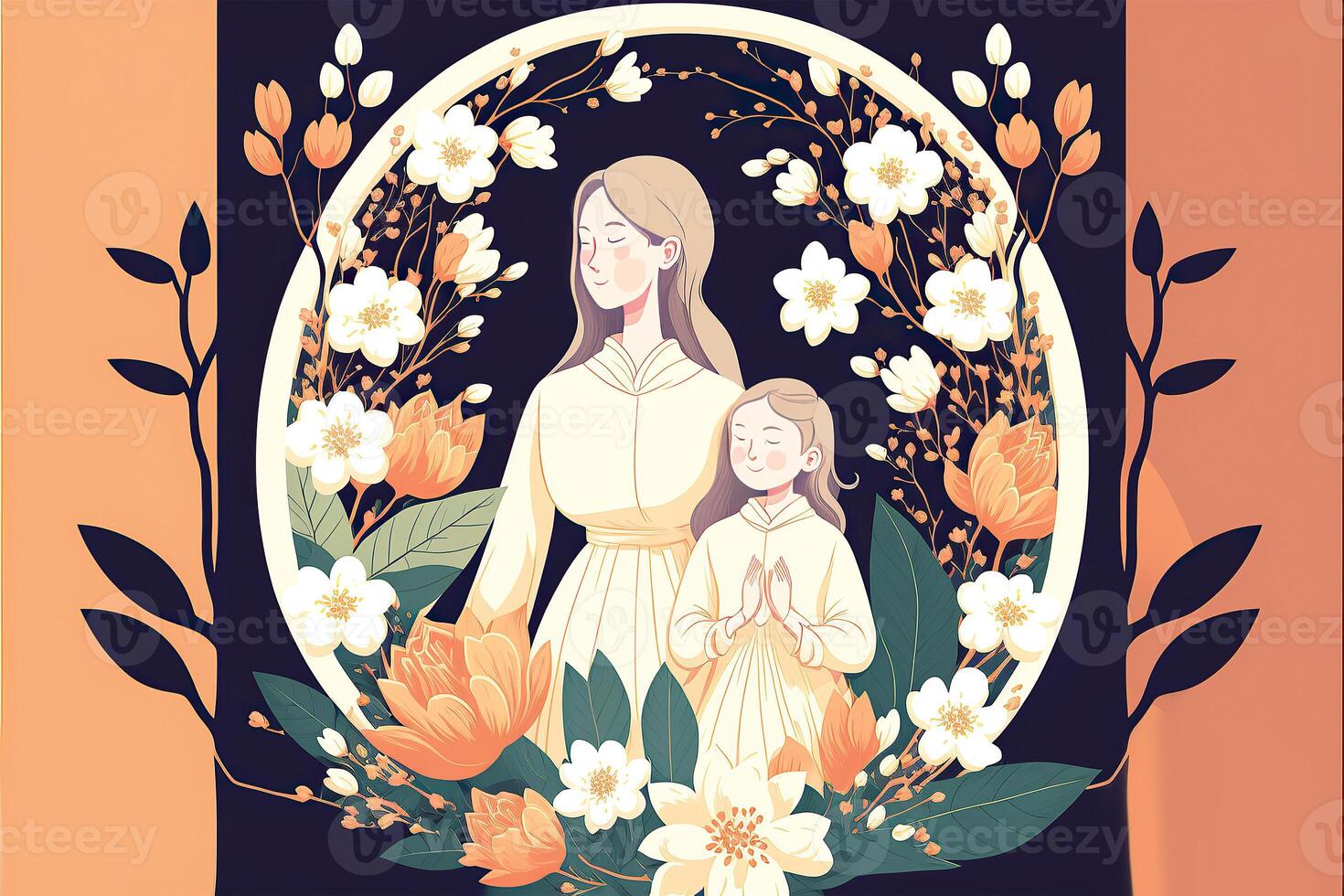 Illustration of Young Woman Standing with Her Daughter, Floral Circular Frame in Background. Concept of Mothers Day, Relationship Between Mother and Child. Technology. photo
