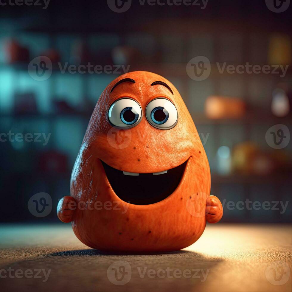pixar estilo riendo dulce patata 3d personaje en brillante habitación. generativo ai. foto
