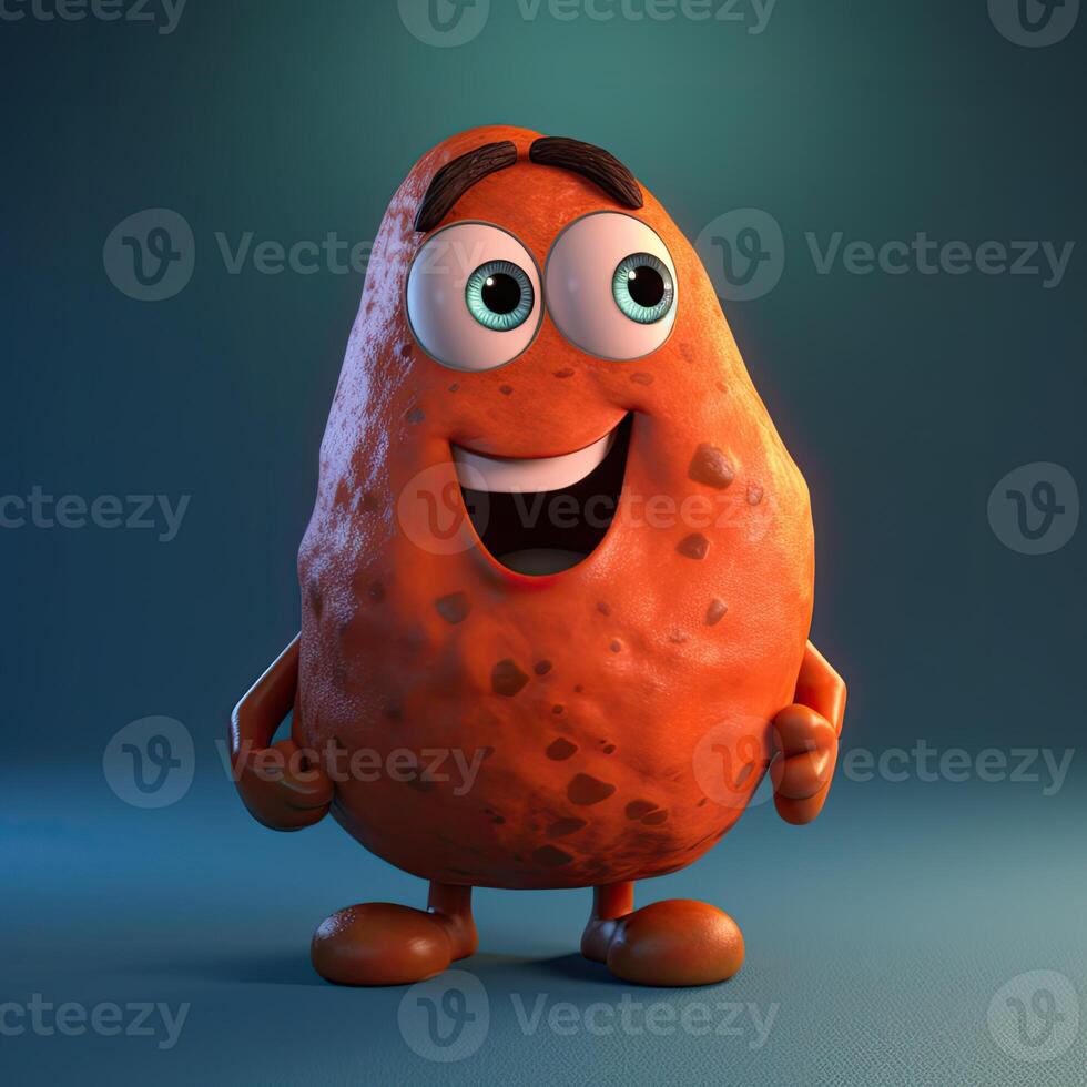 Pixar Style Giggling Sweet Potato 3D Character on Shiny Blue Background. Generative AI. photo