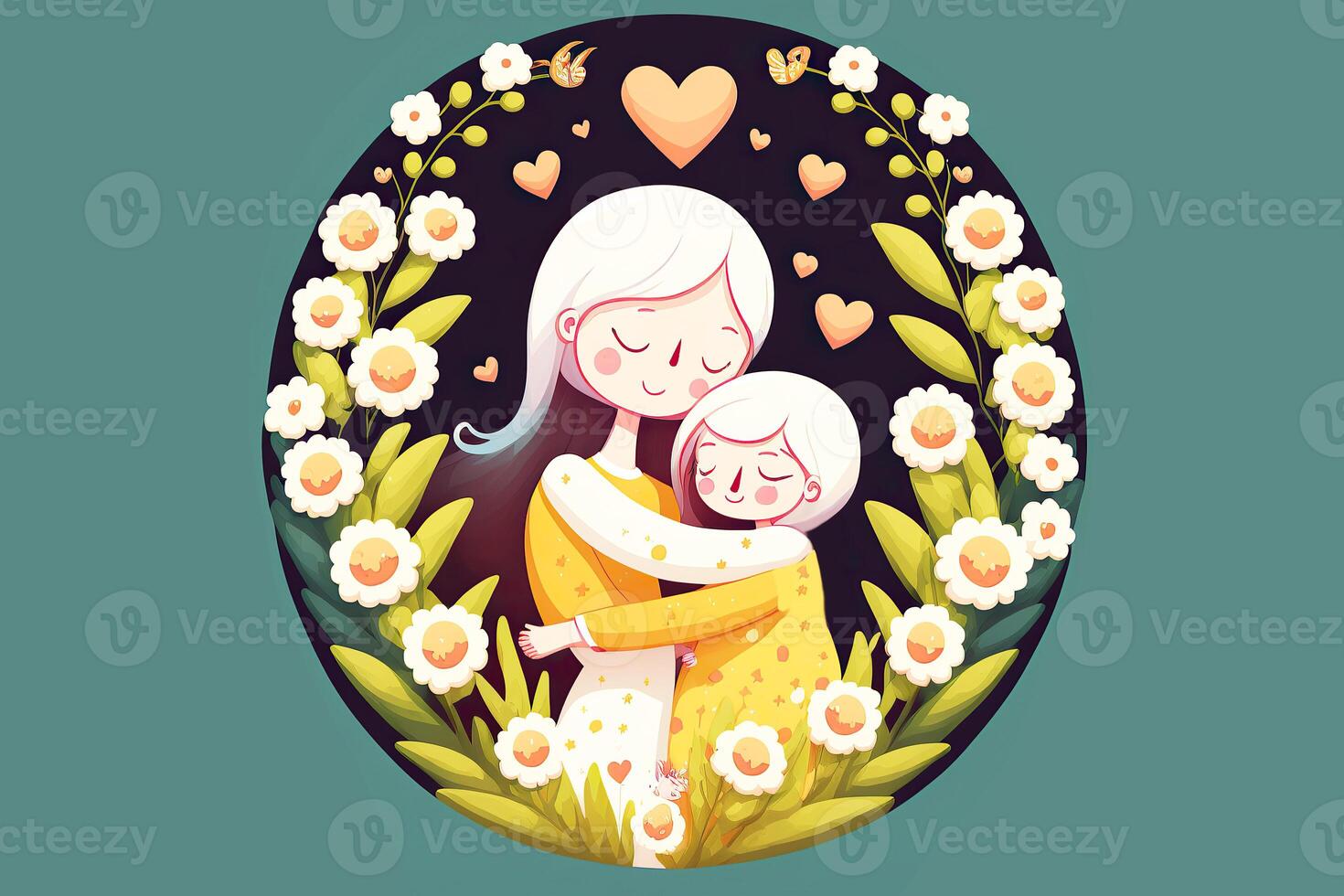 A Beautiful Image of Loving Mother Hugging Her Daughter in Floral Circular Frame or Background. Mother Day Design Created By . photo