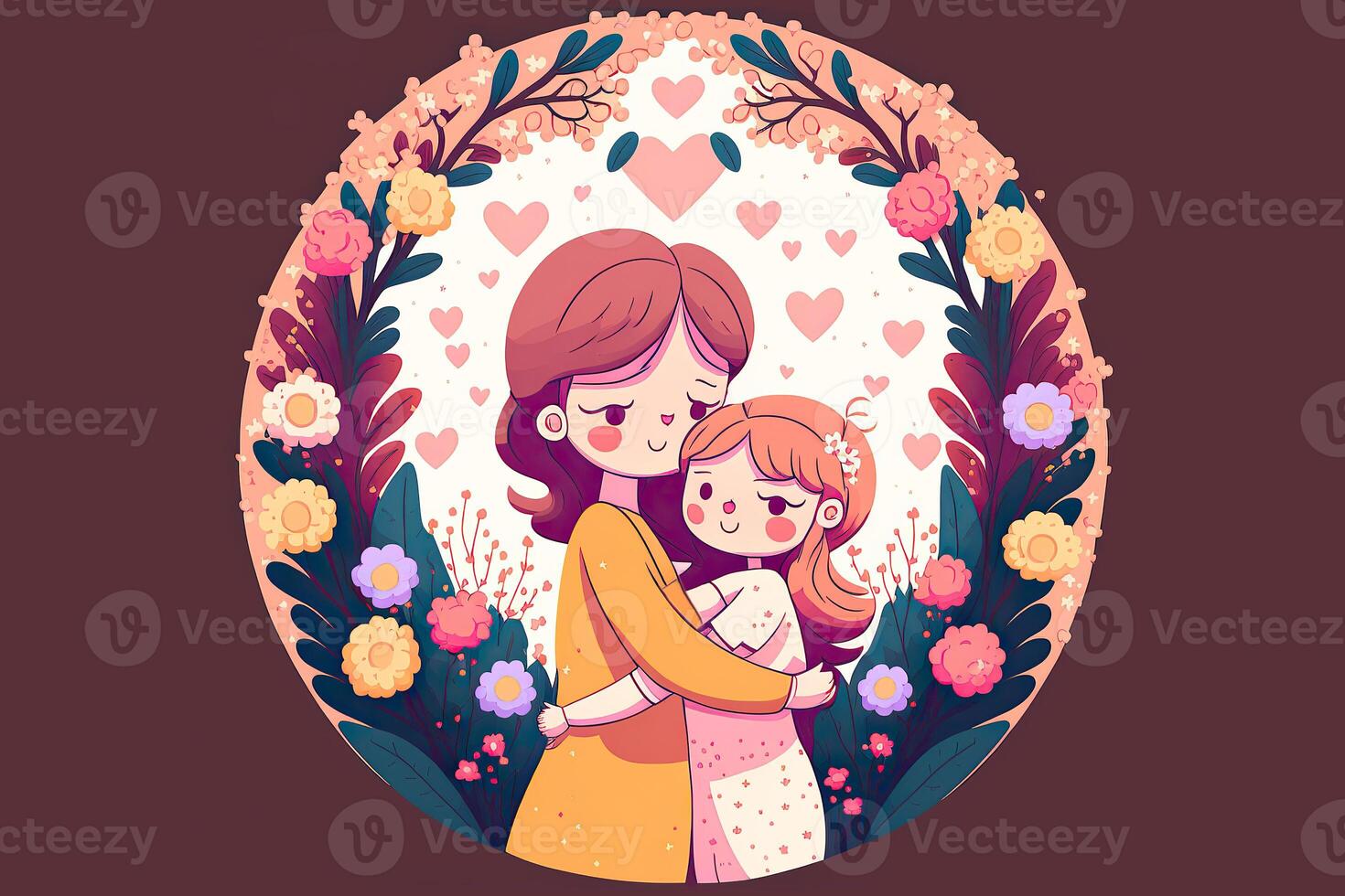 A Beautiful Image of Loving Mother Hugging Her Daughter in Floral Circular Frame or Background. Mother Day Banner Design Created By . photo