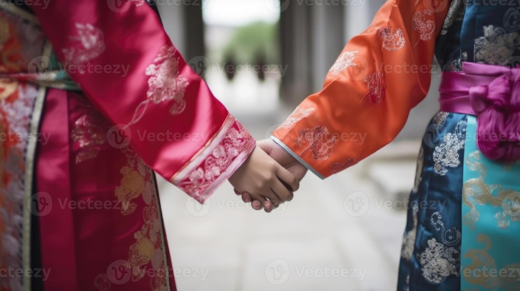 recortado imagen de simpático o casual apretón de manos Entre chino mujer en su tradicional atuendo. foto