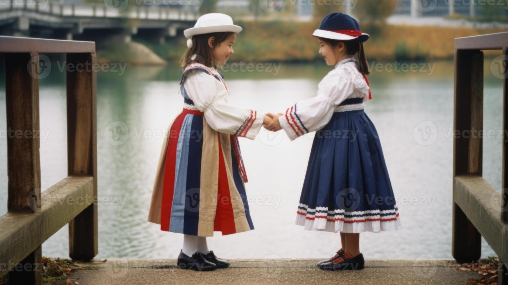 sorprendentes fotografía de eslovaco folklore atuendo Francia muchachas sacudida manos en pie en piscina. generativo ai. foto