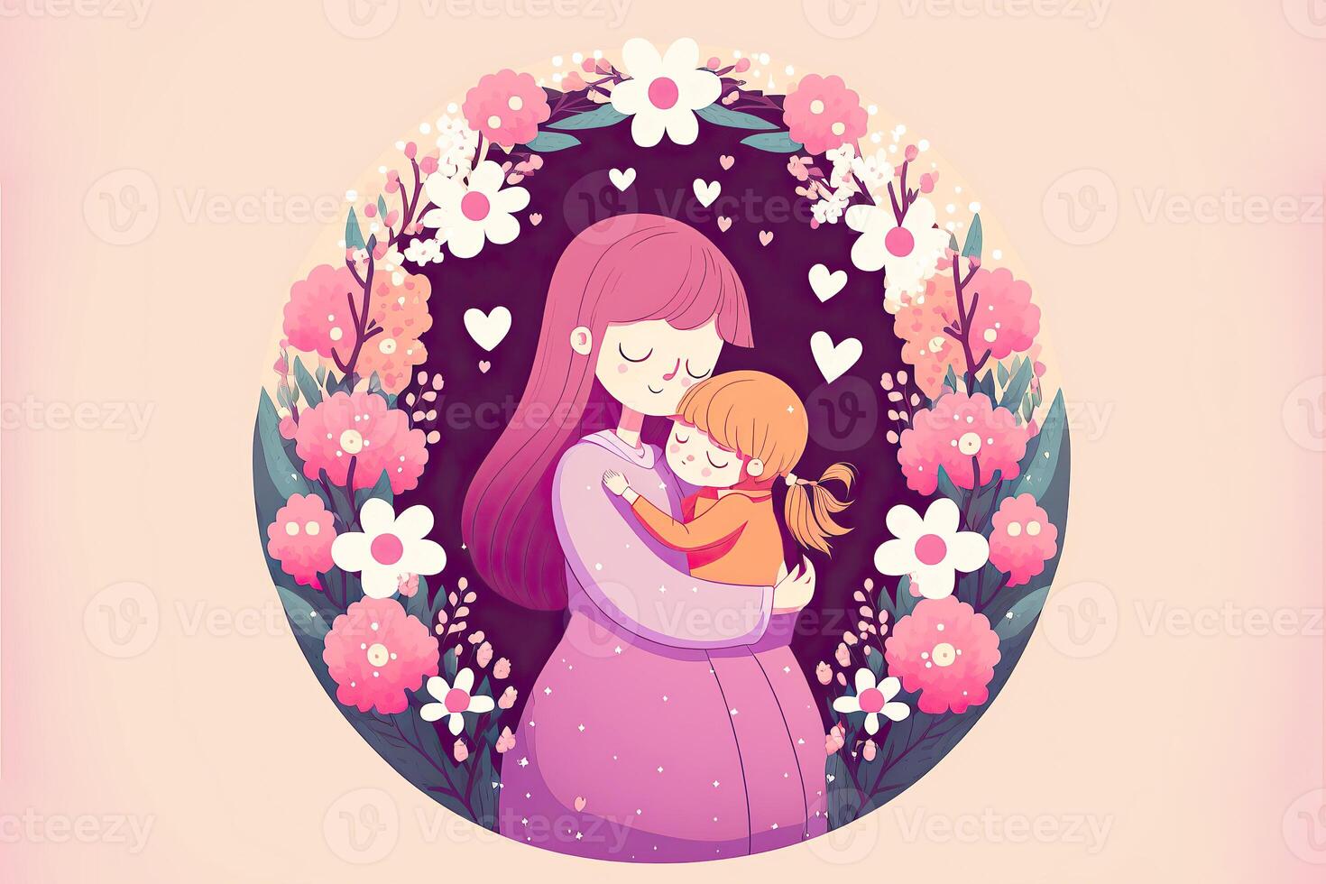 A Beautiful Image of Loving Mother Hugging Her Daughter in Floral Circular Frame or Background. Mother Day Banner Design Created By . photo