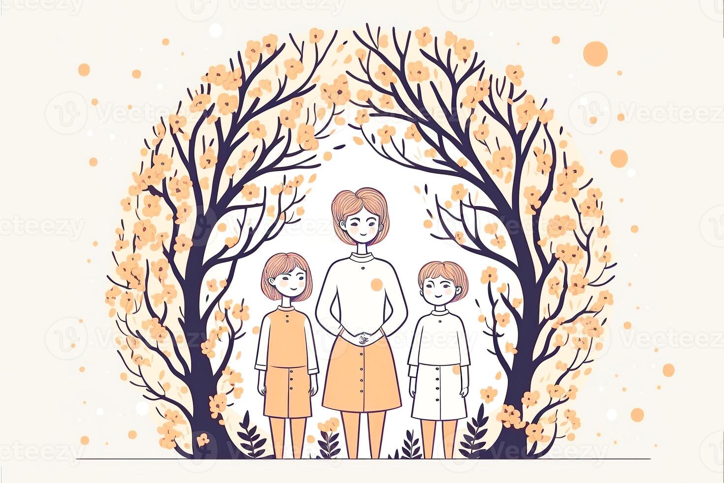 A Beautiful Image of Young Mother with Two Daughters Standing on Floral Forest for Mother or Women's Day Design Created By . photo
