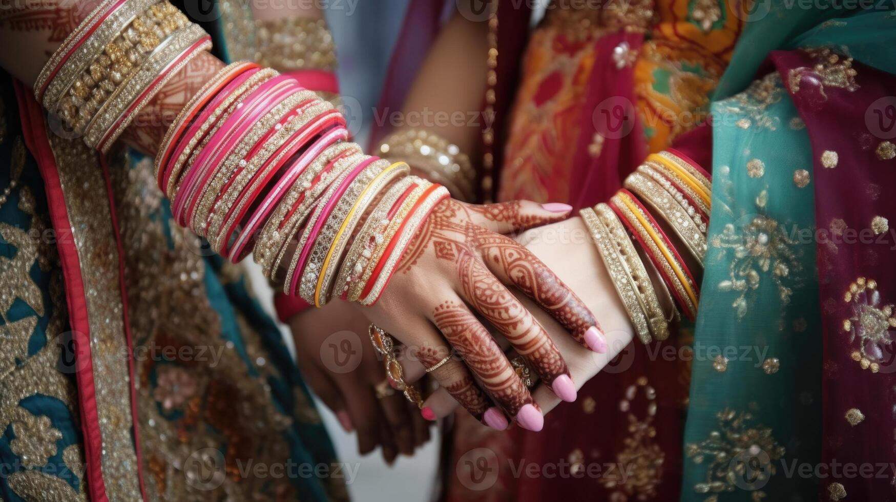 recortado imagen de simpático o casual apretón de manos Entre indio mujer en su tradicional atuendo. foto