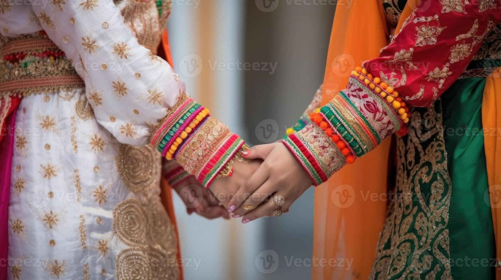 recortado imagen de simpático o casual apretón de manos Entre Arábica mujer en su tradicional atuendo. foto