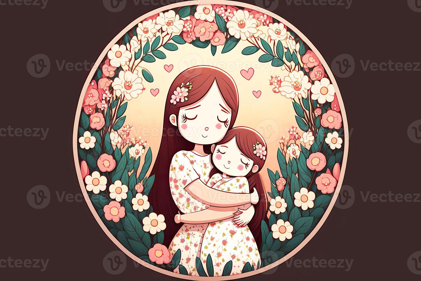 A Beautiful Image of Loving Mother Hugging Her Daughter in Floral Circular Frame or Background. Mother Day Banner Design Created By . photo