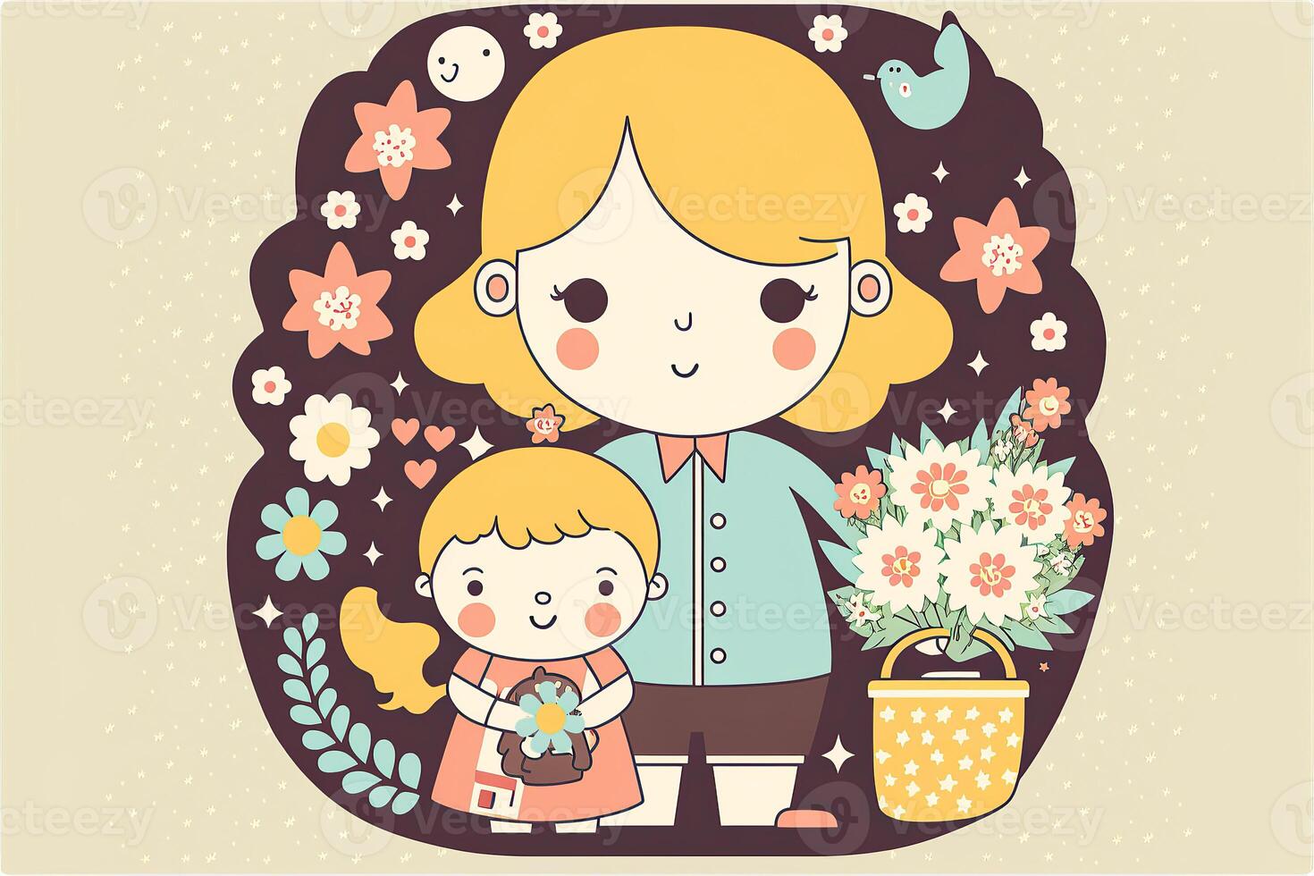 un hermosa imagen de linda madre y hija personaje con flores para madre día bandera diseño creado por generativo ai. foto