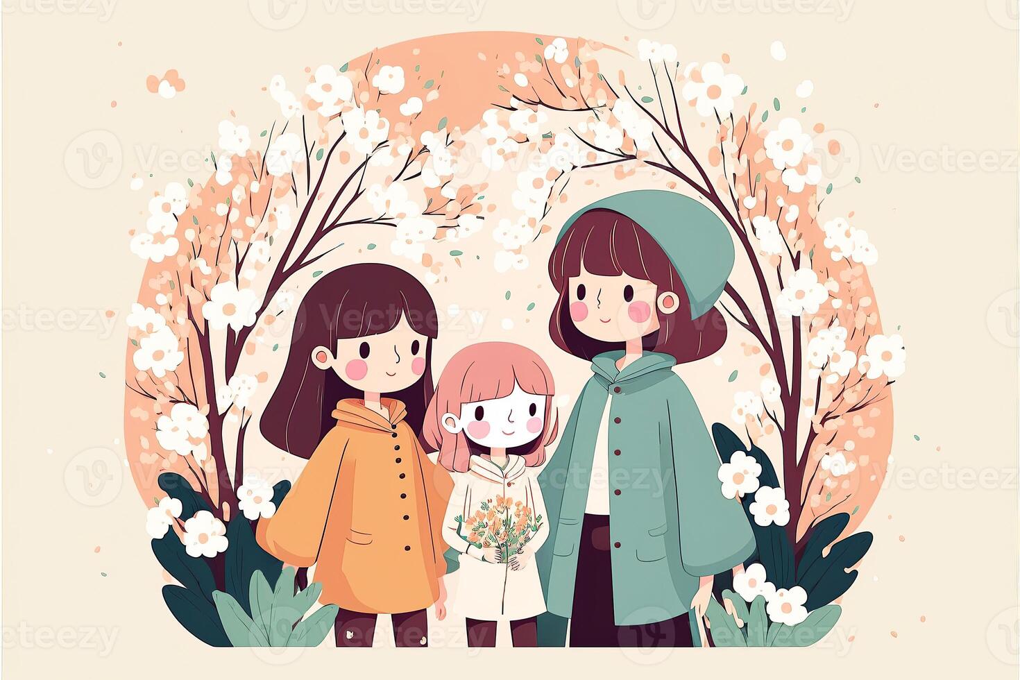 A Beautiful Image of Young Girls Standing on Floral Forest for Mother or Women's Day Design Created By . photo