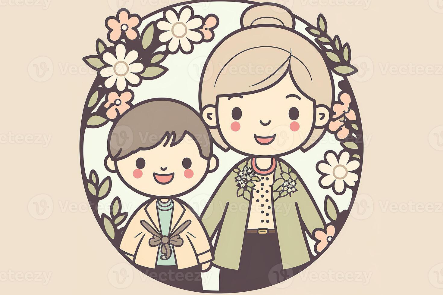 Cute Illustration of Cheerful Mother with Her Son, Circular Floral Frame in Pink Background. Concept of Mothers Day. . photo