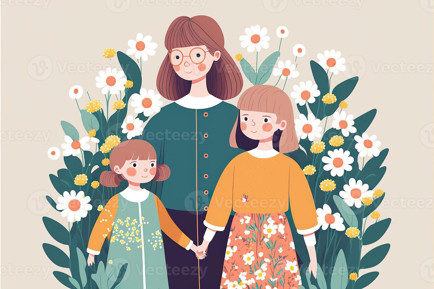 Illustration of Fashionable Young Woman Standing with Her Daughters, Floral Decorated on Beige Background. Concept of Mothers Day, Relationship Between Mother and Child. . photo