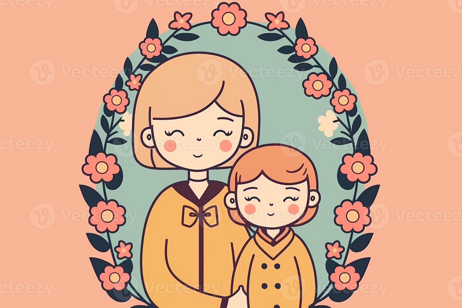 Cute Illustration of Young Mother with Her Daughter, Floral Frame in Background, Concept of Mothers Day. . photo