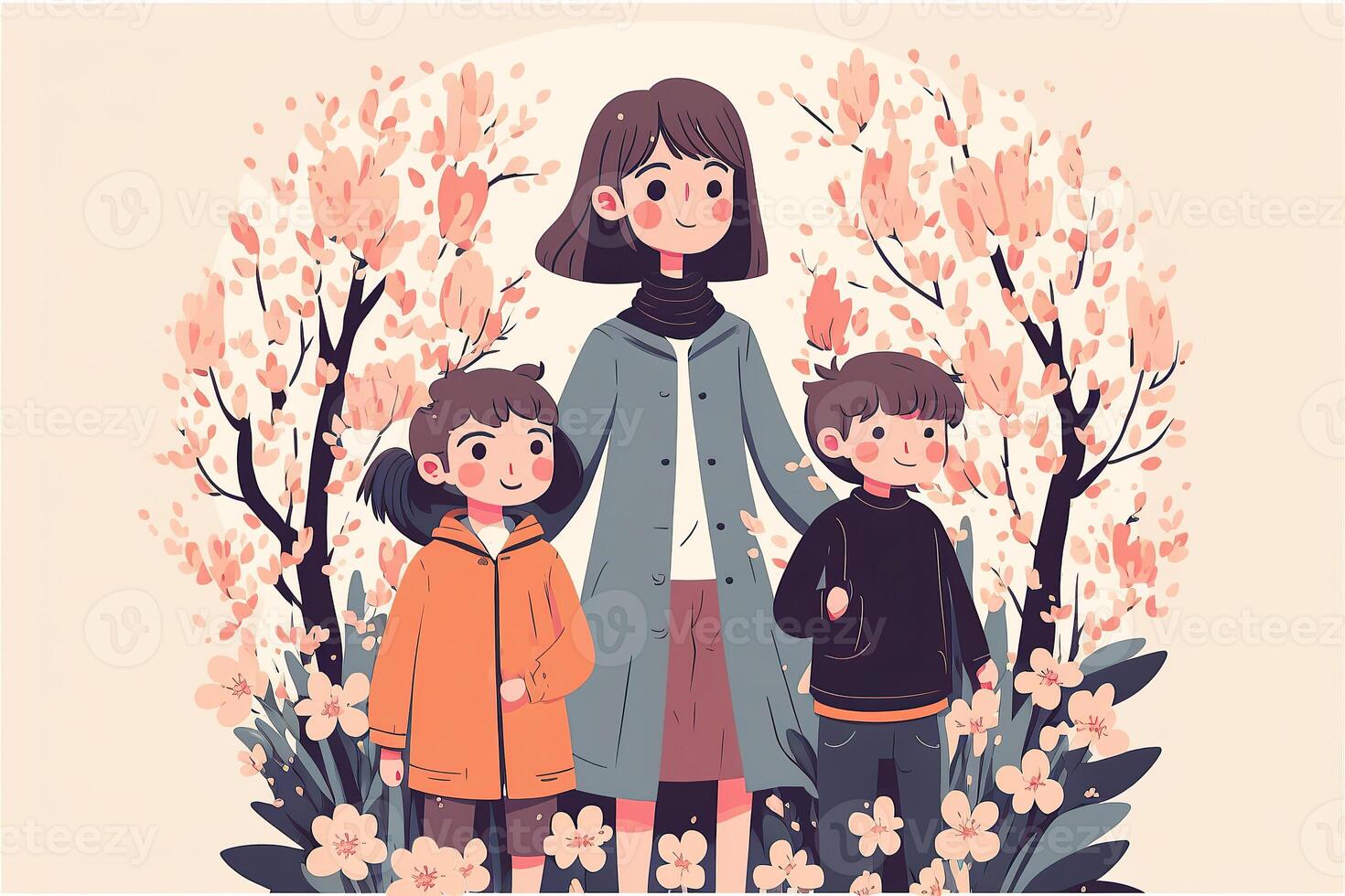 Illustration of Modern Young Woman Standing with Her Kids on Floral Nature Background. Concept of Mothers Day, Relationship Between Mother and Child. . photo