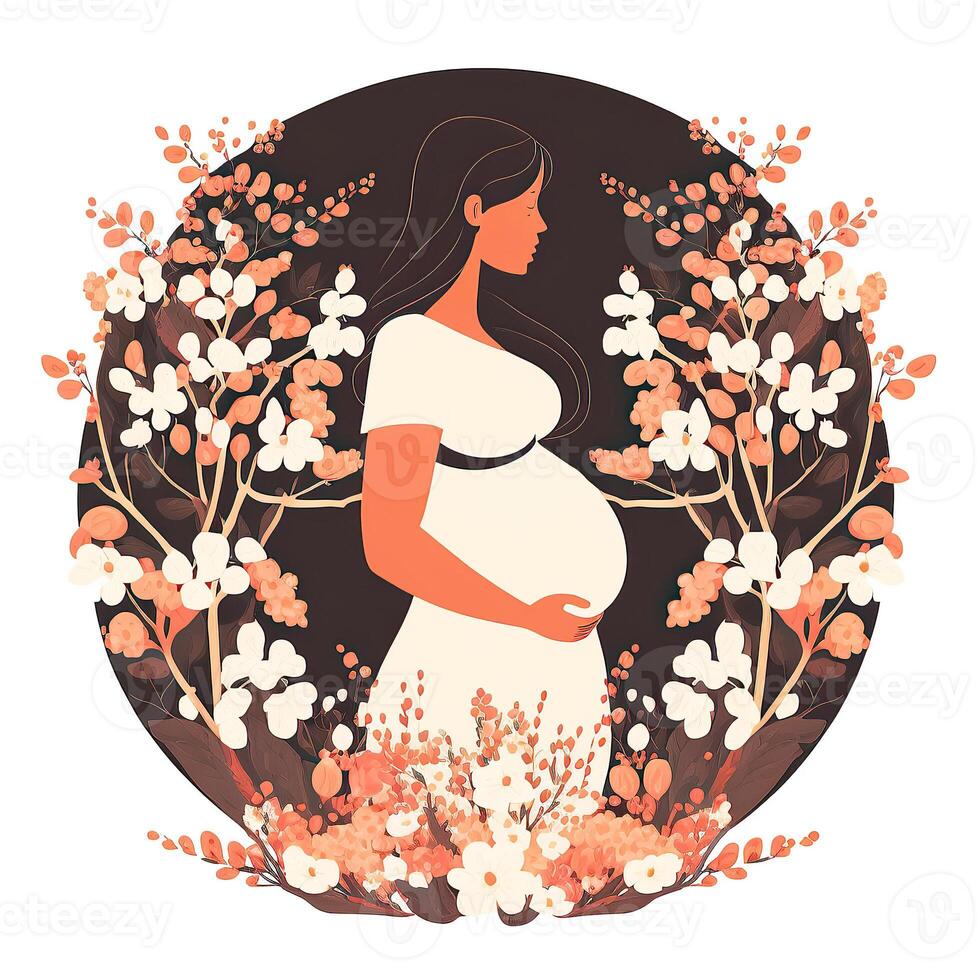 Portrait of Pregnant Woman Touching Her Belly, Floral Decorated on Background. Concept of Pregnancy, Parenthood, Mothers Day. Created By Technology. photo