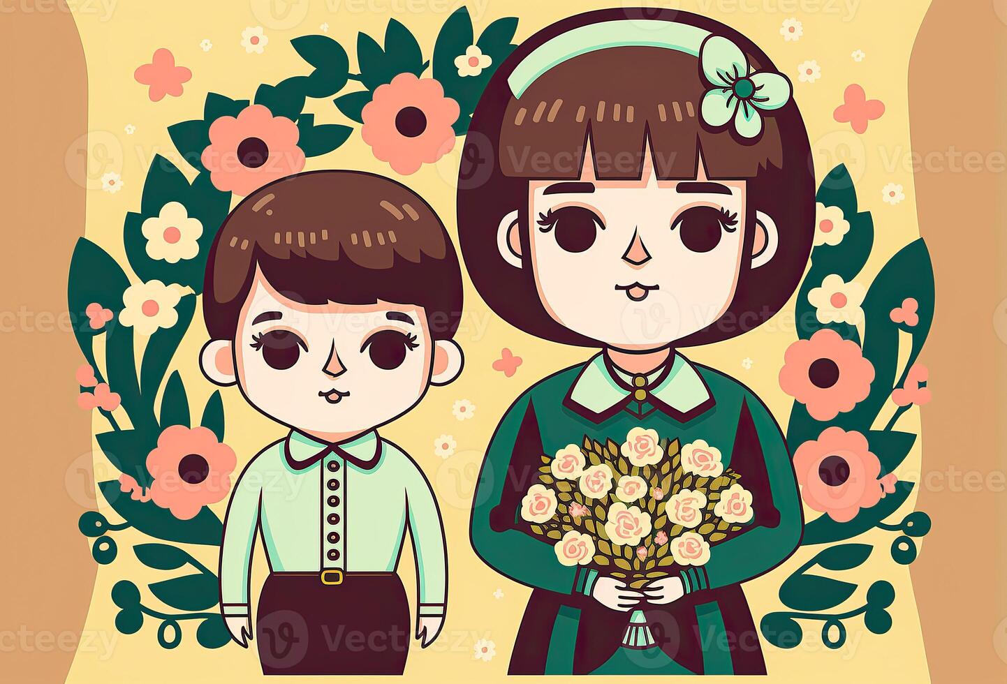 Cute Illustration of Cheerful Mother with Her Son, Floral Decorated on Yellow and Brown Background. Concept of Mothers Day. . photo