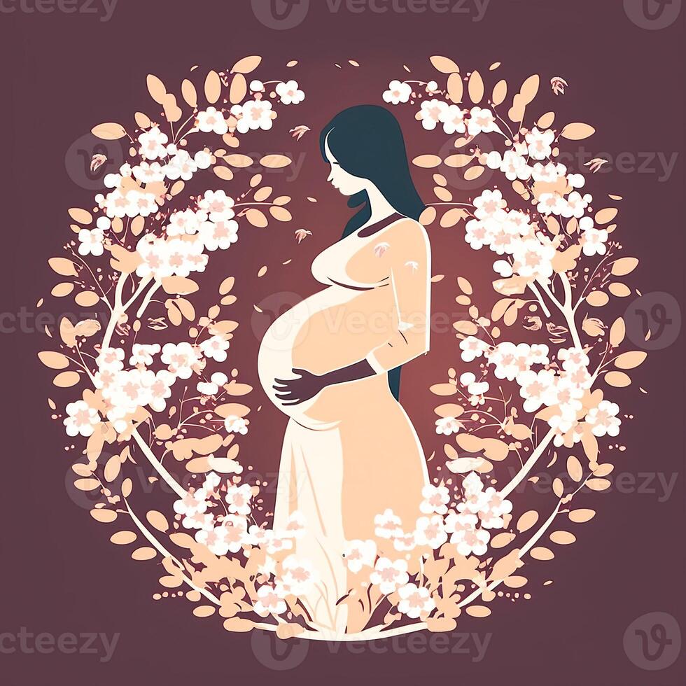 Portrait of Pregnant Woman Touching Her Belly, Floral Decorated on Background. Concept of Pregnancy, Parenthood, Mothers Day. Created By Technology. photo