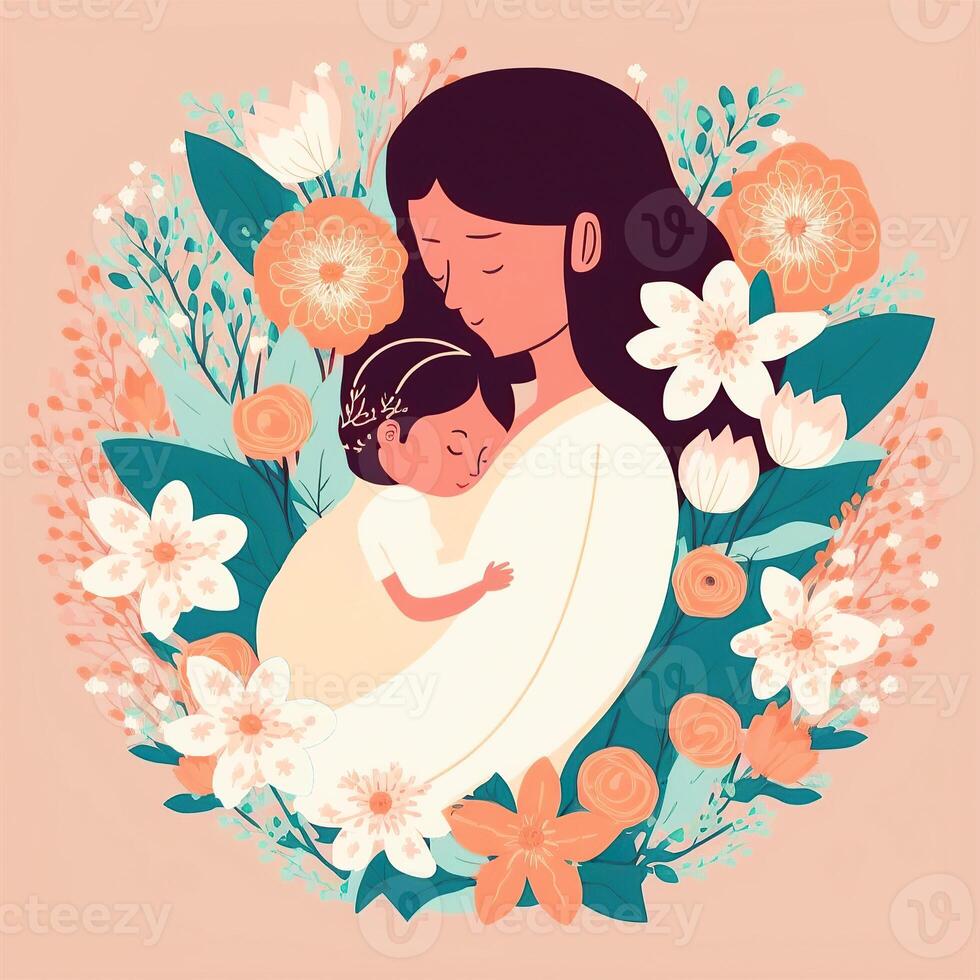 Portrait of Young Woman Hugging Her Little Son, Floral Decorated on Background. Concept of Mothers Day, Relationship Between Mother and Child. Created By Technology. photo